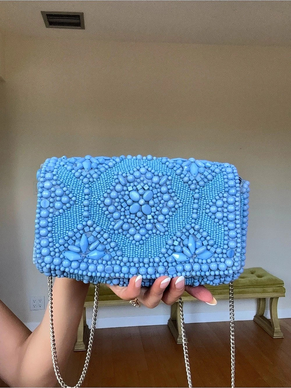 Beaded Chain Clutch in Blue